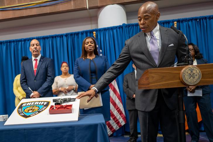 Mayor Eric Adams speaks during a news conference with Attorney General Letitia James and others to announce a new lawsuit against "ghost gun" distributors on June 29th, 2022.